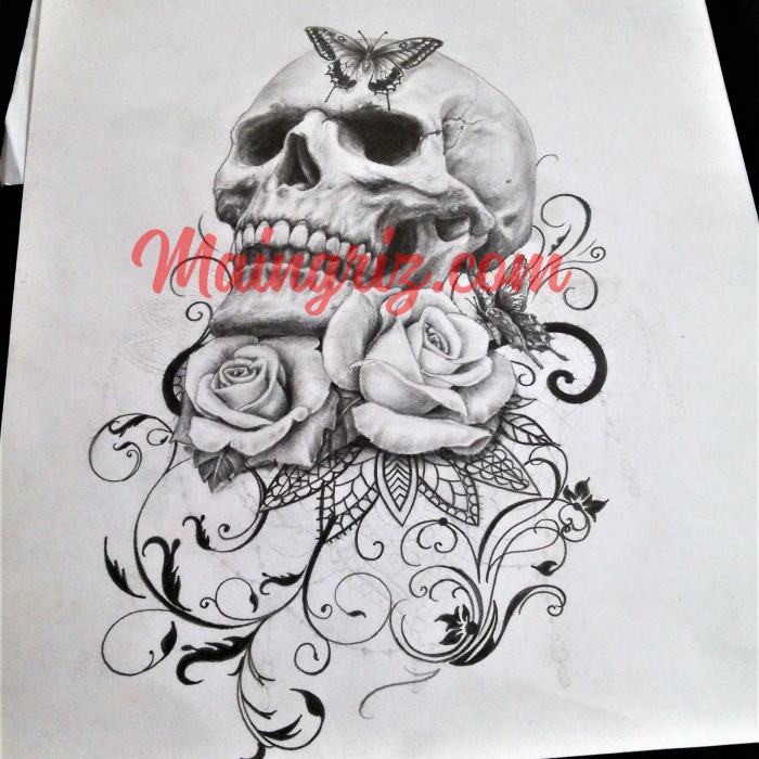 Dessin de tatouage de Tête de mort réaliste avec rose et ...